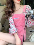 Women's High Waisted Pink Color Overalls Shorts Vintage Wide Leg Loose Denim Jumpsuit Pants Y2k Clothes Vacation Outfit