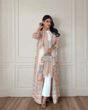 GETADME 가을 여성용 롱 코트, 레트로 프린트 긴팔 무슬림 아바야 사우디 패션 주름 허리 벨트