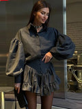 GETADME Plaid 2 Pieces Suits Women 2025 Spring Lapel Lantern Sleeves Single Breasted Shirt A-line Pleated Mini Skirt Female Vintage Sets