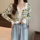 Vintage floral short knitted cardigan women autumn 2023  sweater jacket design sense long sleeve v neck cardigan sweater female