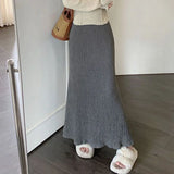 GETADME Xpqbb Lazy Style High Waist Long Skirt Women Vintage Brown Fold Slim Fit Mermaid Skirts Female Elegant Streetwear Midi Skirts