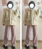 GETADME Japanese Kawaii Pants Women Wide Leg Cute Sweatpants Sweet Harajuku Lolita Vintage Baggy White Trousers with Bow Winter