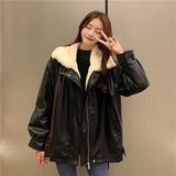Getadme Retro Thick Warm Leather Coat Winter Woman Plush Loose Fur Integrated Lapel Long Sleeve Jacket Korean Female Streetwear Outwear