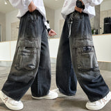 GETADME 2026 Autumn New Children Denim Cargo Pants Korean Style Teens Boys Straight Jeans Children Loose Casual Cotton Trousers