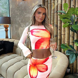 GETADME Autumn Winter Skirt T-shirt 2 Piece Women New Fashion Long Sleeves O-Neck Casual Slim Tees Sexy Red Print Skirt Lady Elegant Set