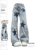 Getadme Women's Baggy Blue Star Jeans Vintage Y2k 90s Aesthetic Denim Trousers Harajuku High Waist Wide Cowboy Pants 2000s Clothes