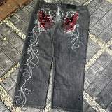GETADME Streetwear Y2K Gothic Denim Trousers Harajuku Punk Dinosaur Embroidery Washed Jeans Hip Hop Wide Leg Oversized Jeans Mens Womens