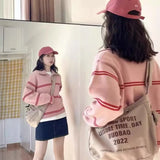 GETADME New autumn and winter zipper striped lapel women sweater loose lazy casual contrast sweater pullover men and women knitted tops