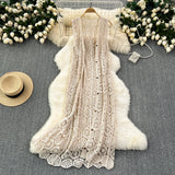 GETADME Longline Crochet Cardigan Button Front Sleeveless Sheer Open-knit Long Cover-up Jacket Women Summer Beach Vacation Outfit