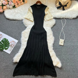 GETADME YuooMuoo Women Dress 2025 Spring and Summer Elegant Patchwork One-Piece Knitted Maxi Dress Office Lady Slim Waist Sweater Dress