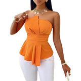 GETADME Women's Strapless Top Solid Black Slim Fit Peplum Wrap Front Belted Waist Spring Summer Casual Elegant Top Commuting & Vacation