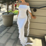 GETADME Summer Newly Irregular Ruffle Fringe Party Off Shoulder Dress Elegant One Sleeve 2025 Slim Hip Package Lady Split Vacation Robes