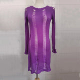 GETADME Hipster Long-sleeved Hollow Out Knitted Sexy Backless Tight Fitting Midnight Club Mini Dress Y2k Sheer Cocktail Clothes Women