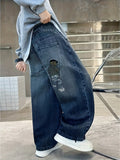 GETADME Boy's Loose-Fit Trendy Rear Pocket Embroidered Design Denim Straight-Leg Pants, Comfortable Stretch Elastic Waist.