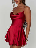 GETADME Satin Silk Women Sexy Cami Playsuits Dress Solid Cowl Neck Sleeveless Short Jumpsuits Summer Cross Tie-Up Backless Romper