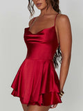 GETADME Satin Silk Women Sexy Cami Playsuits Dress Solid Cowl Neck Sleeveless Short Jumpsuits Summer Cross Tie-Up Backless Romper