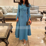 GETADME 여성용 우아한 파티 드레스 티 렝스 A라인 긴팔 모던 이브닝 가운 맥시 V넥 라이트 블루 웨딩 게스트 드레스