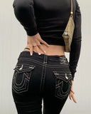 GETADME Harajuku Y2k Fashion Retro Jeans American 2000s Embroidery Blue Buddha Pattern Punk Low Waist Harajuku Casual Leg Slim Pants