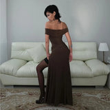 GETADME 여성용 오픈 백 슬릿 롱 드레스, 단색, 슬림 핏, 하이 웨이스트, 원라인 칼라, 유럽 및 미국 스타일, 여름