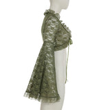 GETADME Green Y2K Mori Girl Flared Sleeve Cardigan For Women Tie-up Lace Cover-Ups Perspective Ruffes Cropped Shirts Coquette