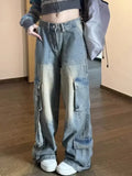GETADME Female Jean Spliced Pockets Cargo Pants Washed Denim High Waist Full Length Jeans Loose Solid Basics Patchwork Distressed