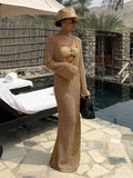 GETADME 2025 Summer Sexy U-neck Bell Sleeve Knit Maxi Dress Women Swimwear Feminine Bikinis Cover-ups Holiday Crochet Beach Dresses K21