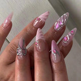 GETADME 24Pcs 3D Strawberry Rabbit Flower Fake Nails Press on Mid-length Almond Wearable False Nails Green Gradient Pearl Manicure Tips