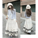 GETADME Women Sweet Vintage Mori Girl Style High Waist Splicing Plaid Long Skirt Winter New Korean Fashion Beige Lace Kawaii Maxi Skirts
