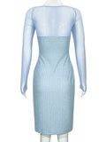 GETADME Trendix Mesh Patchwork Knit Dress Women 2025 Summer Bodycon High Waist Long Sleeve Midi Dresses Vacation Knitwear Sheath Dress