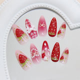 GETADME 24pcs Ins 3D Bowknots Press On Nails Sweet Strawberry Pink Plaid Almond False Nails With Heart Shape Pearl Decor Fake Nail Tips