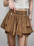 GETADME West Retro Bohemian Style Maillard Women Crumpled Layer Mini Skirt with Belt Strap Short Skirt Grunge E-Girl Y2K Acubi Outfit