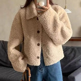 GETADME Women Autumn Winter Double Fleece Warm Thicken Jacket Turn-down Single-Breasted Short Outerwear Loose Fashion Casual Overcoat