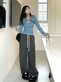 Getadme-Y2K Korean Fashion Pink Cropped Sweater Women Harajuku Sexy Slim Knitted Jumper Vintage Casual Cardigan+Vest Set Tops