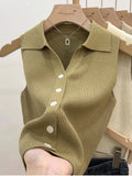 GETADME Solid Color Knitted for Women Cardigan Korean Single Breasted Sleeveless Jumper Woman Round Neck All Match Cardigans Outwear
