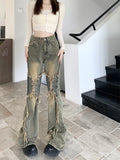 GETADME Women Gyaru Japanese Harajuku Y2K Streetwear Low Rise Flare Lace Up Denim Pants Jeans 2000s Vintage Bell-Bottom Trousers Goth
