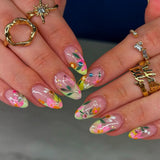 GETADME 24pcs Spring Day Sweet False Nails Cute Pink Flower Star Pearl Designs Press On Nails Stripes French Style Almond Fake Nail