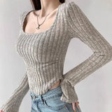 GETADME Sexy Pullovers Women Off Shoulder Cropped Knitted Basic Clothes Autumn All-match Side Slit Simple Tender Slim Gentle Seductive