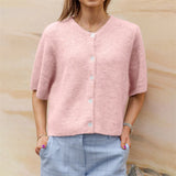 GETADME Lamuusaa y2k Sweaters 2000s Clothes Solid Color Round Neck Single Breasted Short Sleeve Cardigan Tops for Women Streetwear