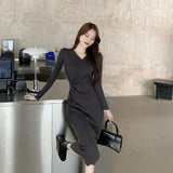 HDSPQ V넥 긴팔 니트 드레스 여성 가을 ​​겨울 우아한 바디콘 미디 드레스 여성 한국 스타일 슬림 레이스업 의류