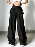 GETADME Women's Black High Waist Wide Leg Suit Pants Pleated Front Side Tie Detail Loose Fit Casual Streetwear Spring Summer Trousers
