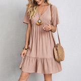 GETADME 2025 Loose V-neck Short Sleeved Pleated Women Dress Solid Color A-line Beach Dresses Elegant Simple Comfortable Woman Clothing