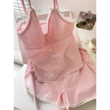 GETADME 레이스 잠옷 여성 파자마 세트 솔리드 한국식 피아마 여름 반바지 세트 2피스 스파게티 스트랩 나이트웨어 캐주얼 홈 슈트