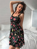 GETADME Floral Print Sleepwear Mesh Ruffle Hem Cami Nightdress Bride Nightwear Babydoll Vintage Sleep Dress