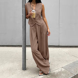 GETADME 오피스 레이디 여름 스트라이프 솔리드 V넥 버튼 슬리브리스 티셔츠와 하이웨이스트 와이드 레그 팬츠 투피스 세트 (여성용)