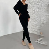 GETADME Double V-neck Sexy Off-shoulder Cropped Top Fashion Trousers New Knitted Solid Color Two-piece Set for Women