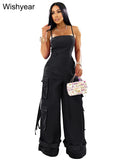GETADME 패션 멀티 포켓 카고 팬츠 와이드 레그 점프수트 롬퍼 여성 카키 스파게티 스트랩 백리스 원피스 오버올 스트리트웨어