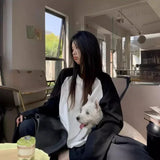 GETADME Casual Oversized T Shirt Y2k Tops Harajuku Long Sleeve O-Neck T-Shirts Spring Autumn Black White Patchwork Tees Women Streetwear