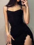 GETADME Summer Sexy Women's Sleeveless Mini Dress Backless Strap Black Bodycon Split A-Line Elegant Streetwear Party Wear
