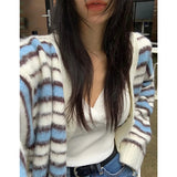 GETADME Harajuku Striped Knitted Cardigan Women Vintage Long Sleeve Sweater Outerwears Korean Patchwork Knitwears Winter Loose Jumpers