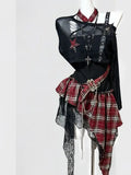 GETADME Gothic Punk Two Piece Set for Women 2026 Summer Distressed Mesh Crop Tops Plaid Asymmetrical Lace Skirt Chain Y2K Streetwear